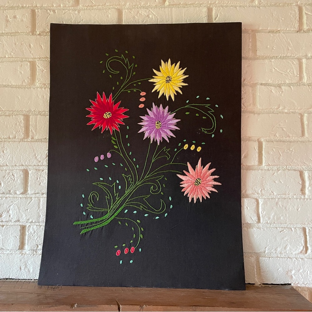 Floral Embroidery Crewel Textile Art- Black with Multicolor Flowers